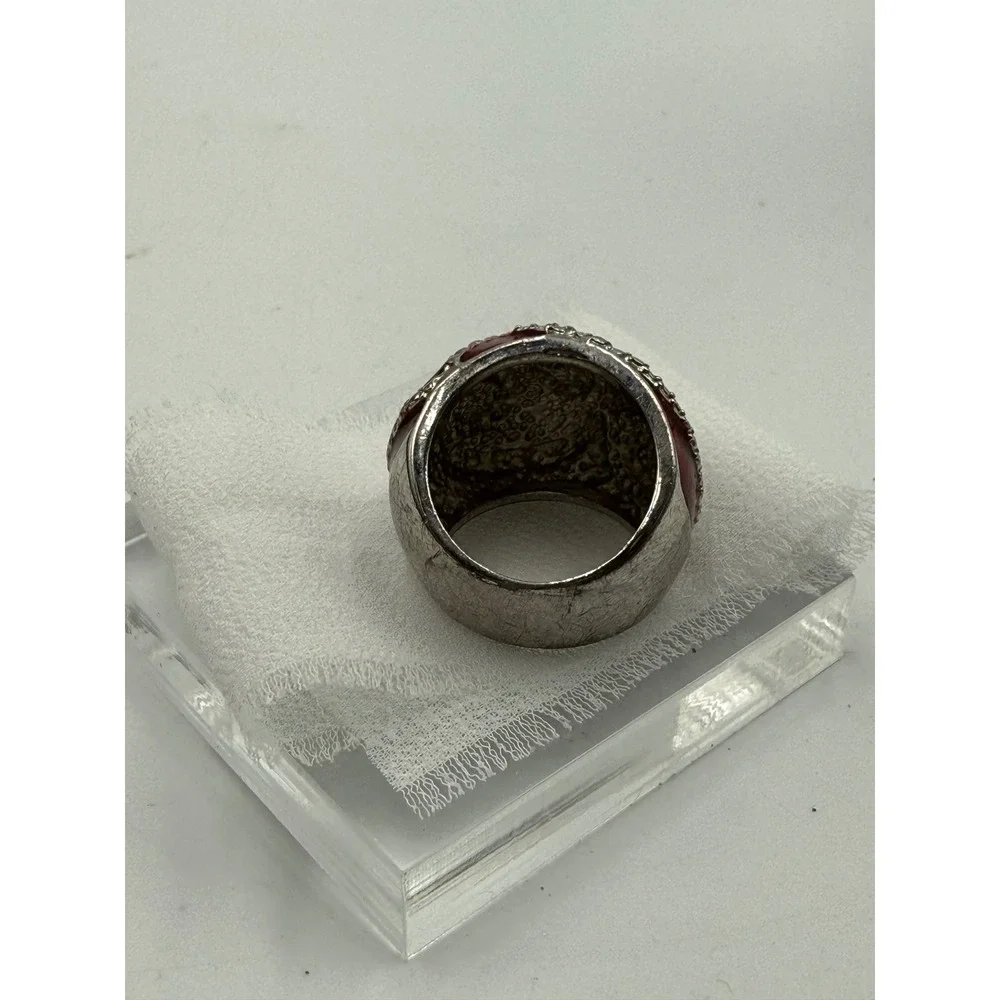 Red Enamel Silver Tone Swirl Statement Cocktail Dome Ring Size 7.5